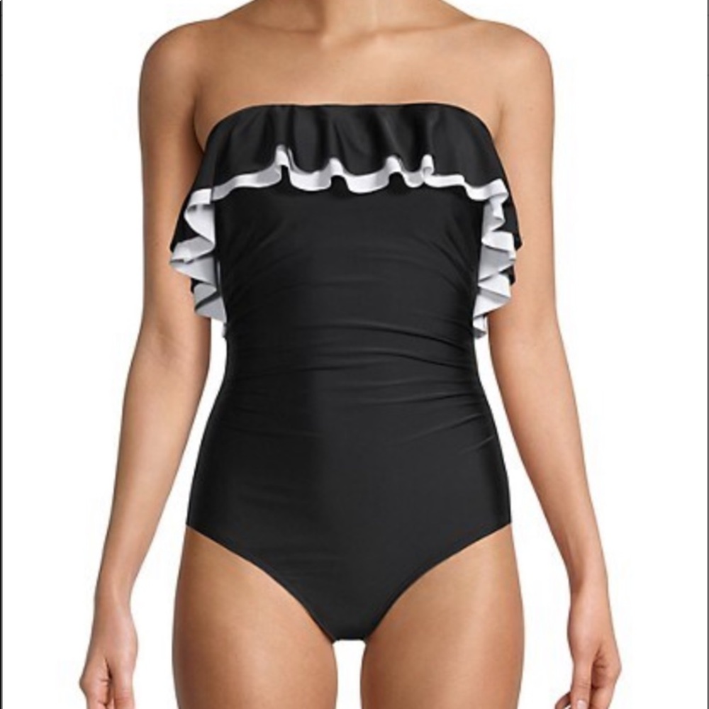 One Piece Ruffled Bandeau Black W/ White